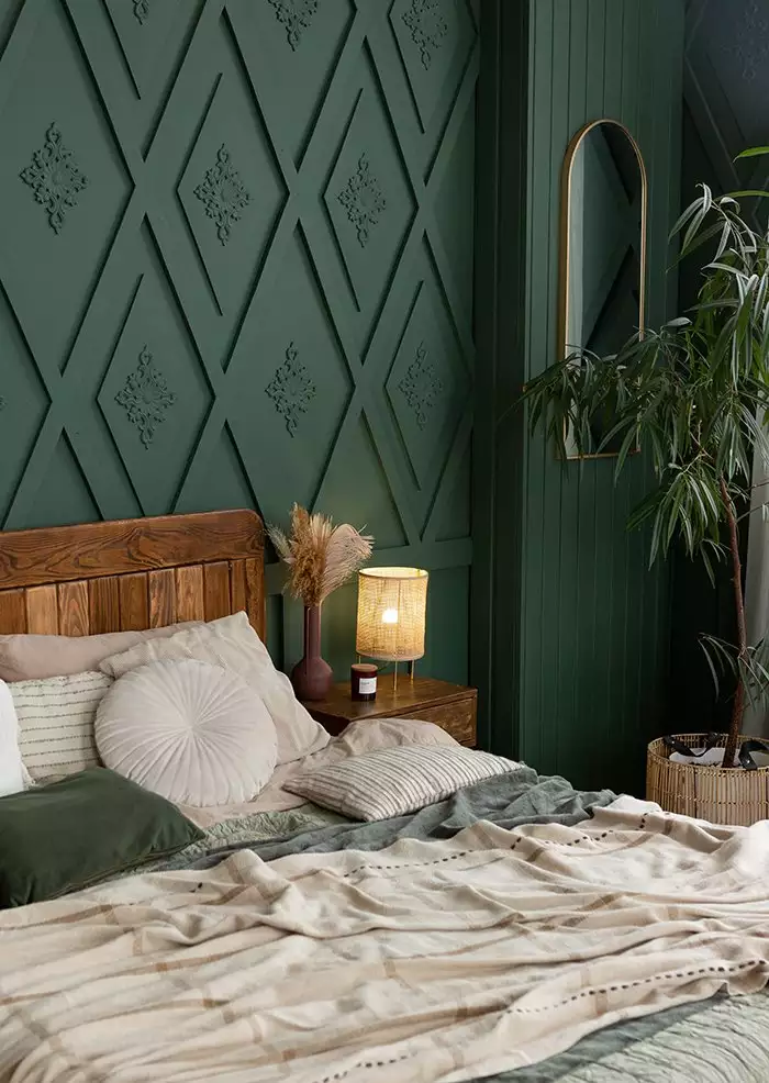 Dark Green, Diamond-Shaped Wooden Wall Panels in Bedroom