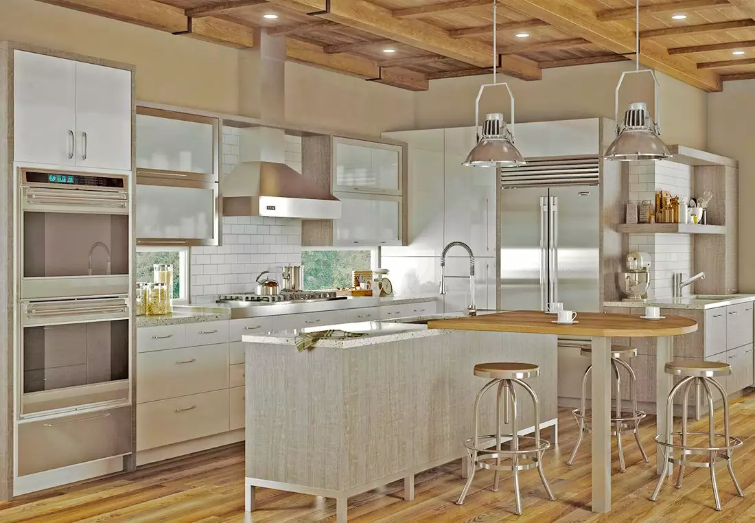 Modern Kitchen featuring Steel Accents, Island and Subway Tile