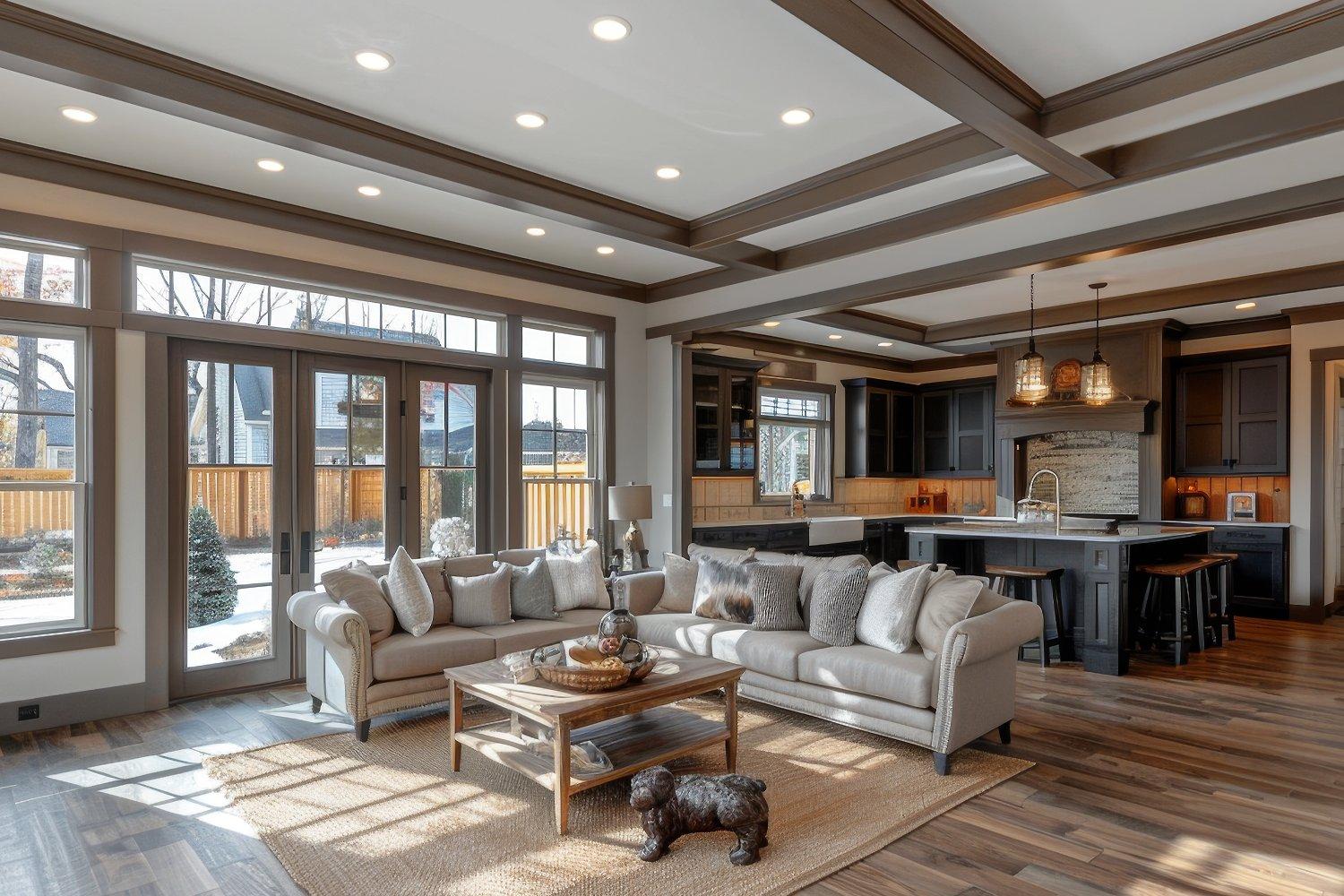 Modern open living area with darker mouldings and millwork