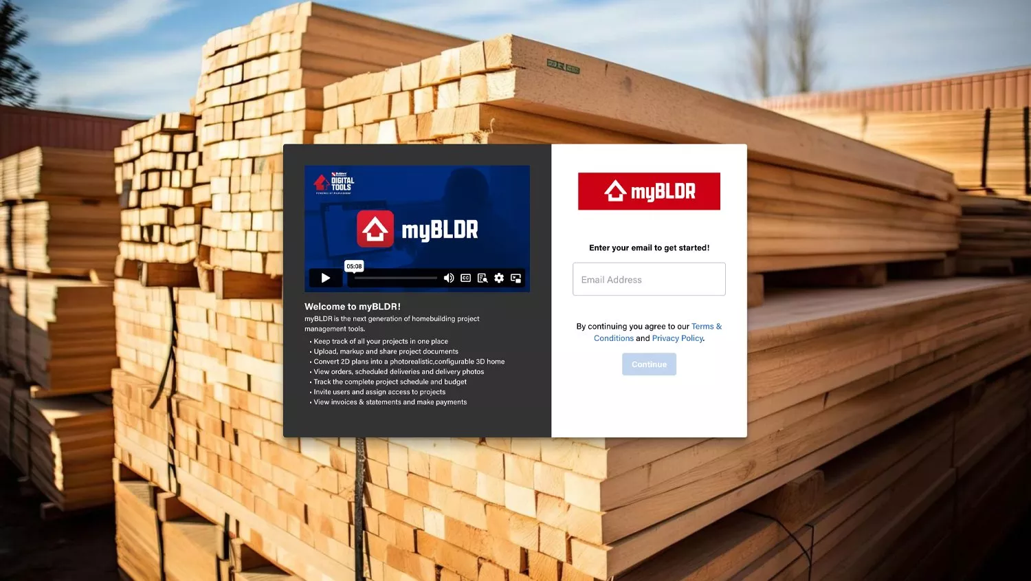 Get Started Pop-Up Window with email field and myBLDR video